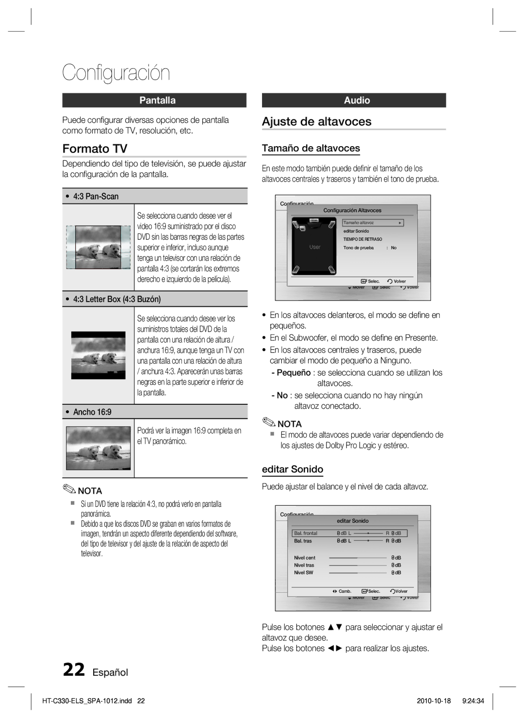 Samsung HT-C330/XEF, HT-C330/MEA manual Formato TV, Ajuste de altavoces, Pantalla, Audio 