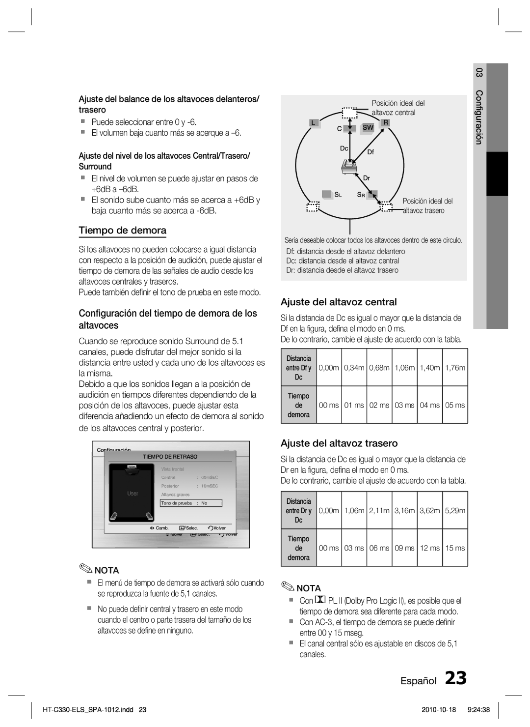 Samsung HT-C330/MEA manual Tiempo de demora, Conﬁguración del tiempo de demora de los altavoces, Ajuste del altavoz central 