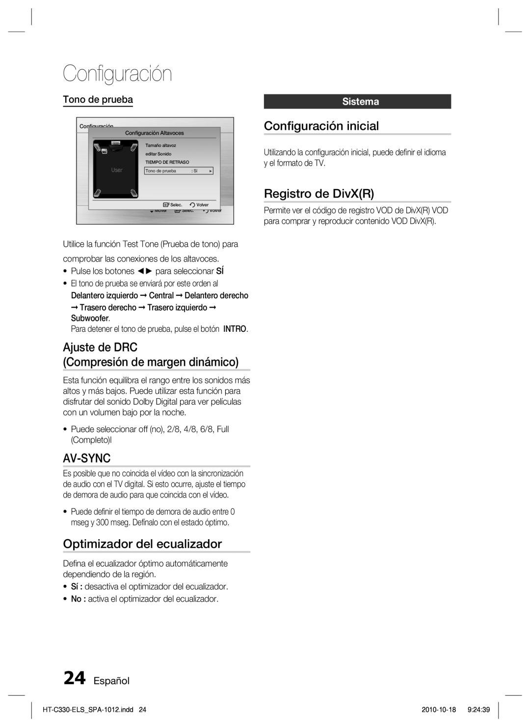 Samsung HT-C330/XEF manual Ajuste de DRC Compresión de margen dinámico, Optimizador del ecualizador, Conﬁguración inicial 