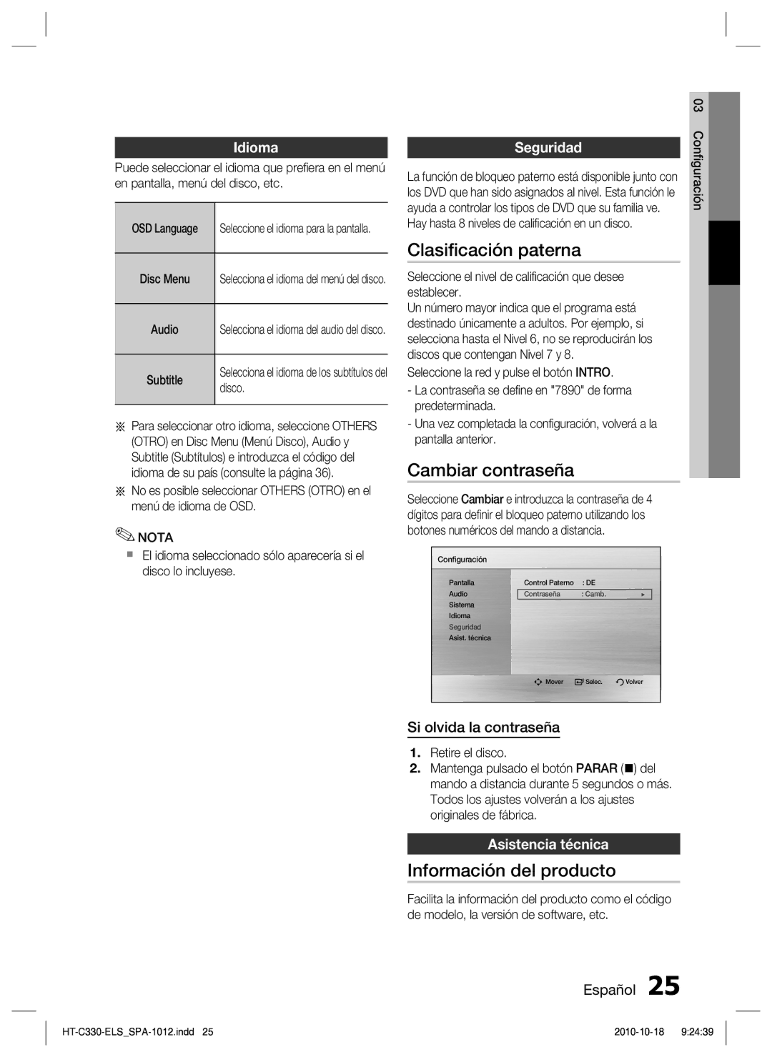 Samsung HT-C330/MEA, HT-C330/XEF manual Clasiﬁcación paterna, Cambiar contraseña, Información del producto 