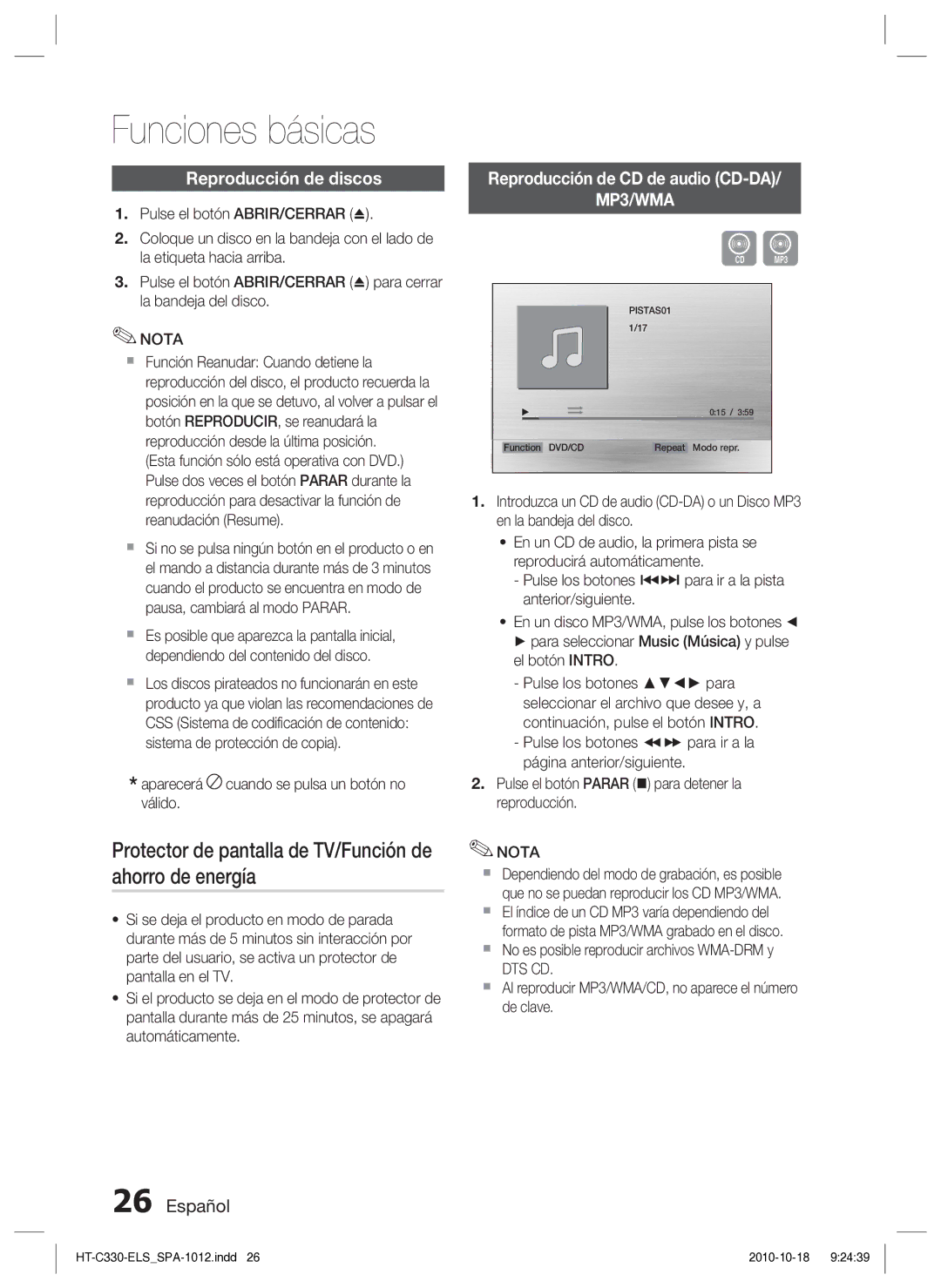 Samsung HT-C330/XEF Funciones básicas, Protector de pantalla de TV/Función de ahorro de energía, Reproducción de discos 