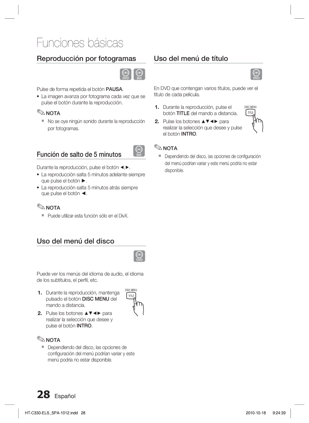 Samsung HT-C330/XEF, HT-C330/MEA manual Reproducción por fotogramas, Función de salto de 5 minutos, Uso del menú del disco 