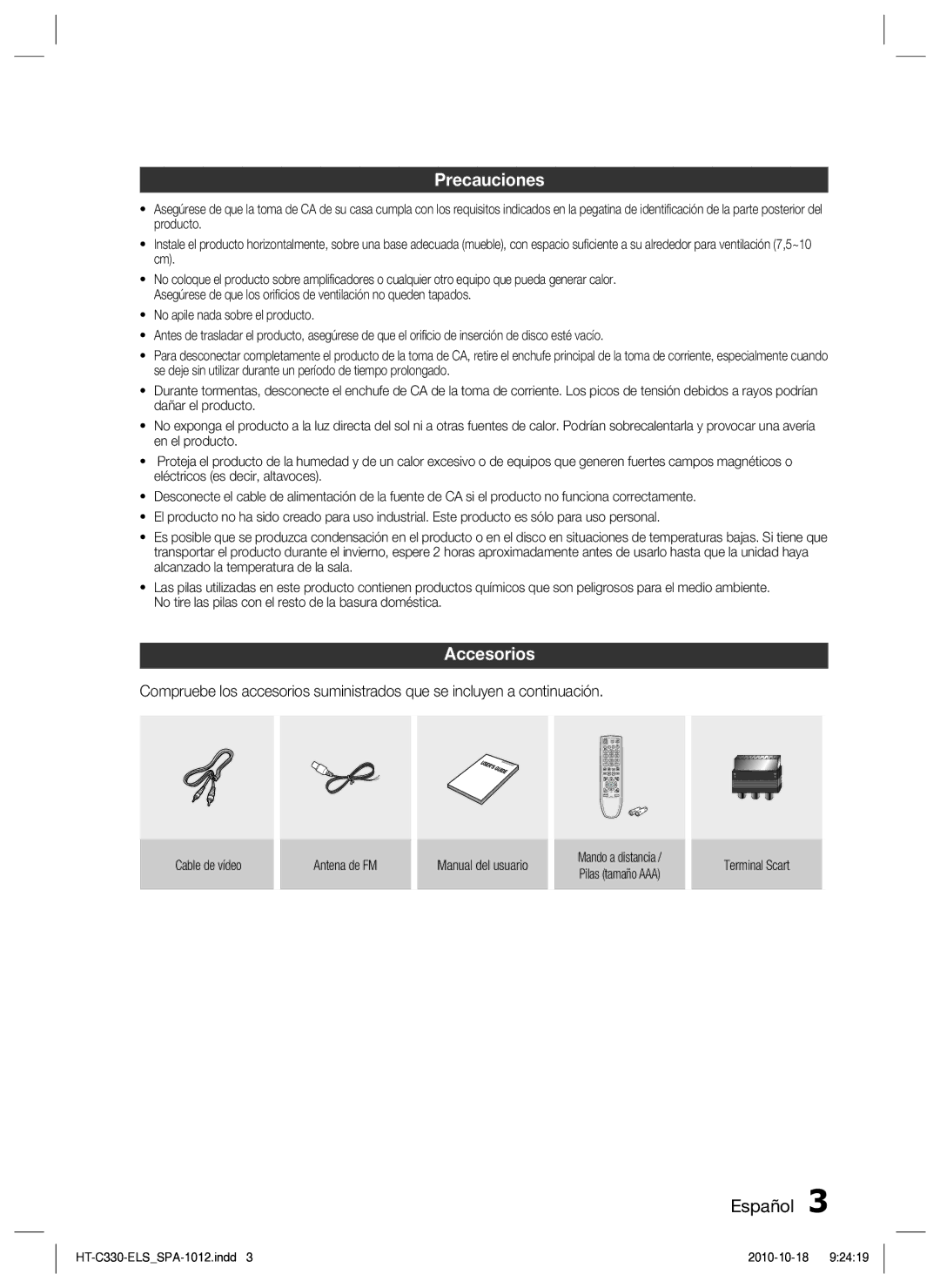 Samsung HT-C330/MEA, HT-C330/XEF Precauciones, Accesorios, Cable de vídeo Antena de FM Manual del usuario, Terminal Scart 