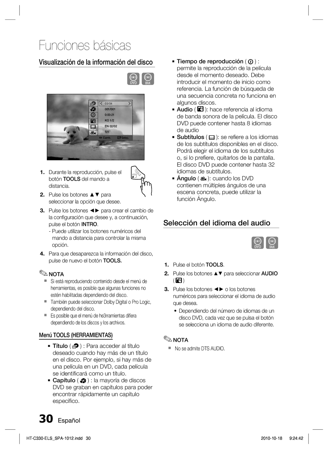 Samsung HT-C330/XEF Selección del idioma del audio, Visualización de la información del disco, Menú Tools Herramientas 