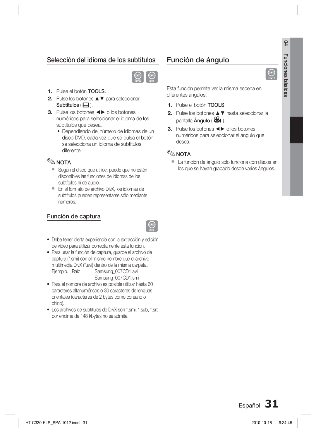 Samsung HT-C330/MEA manual Función de ángulo, Función de captura, Para usar la función de captura, guarde el archivo de 