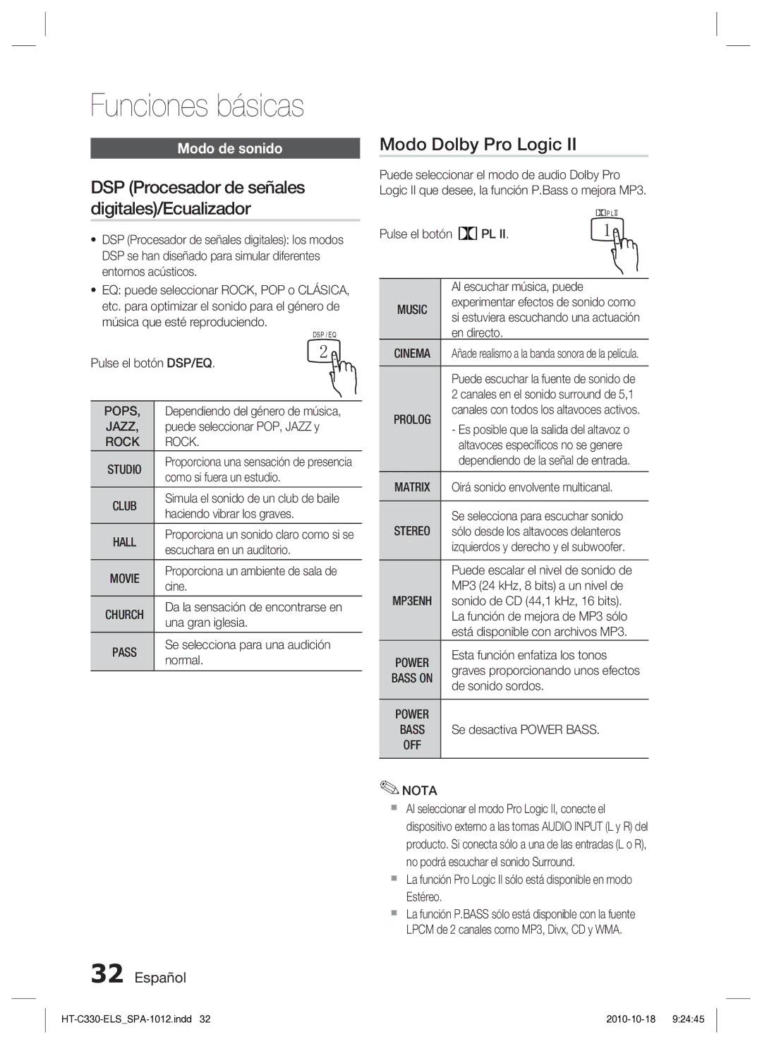 Samsung HT-C330/XEF, HT-C330/MEA manual Modo Dolby Pro Logic, Modo de sonido, Pops, Rock, Prolog 