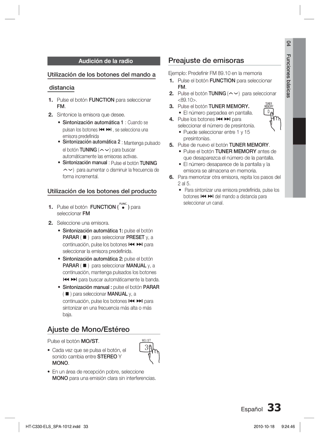 Samsung HT-C330/MEA, HT-C330/XEF manual Ajuste de Mono/Estéreo, Preajuste de emisoras, Audición de la radio 