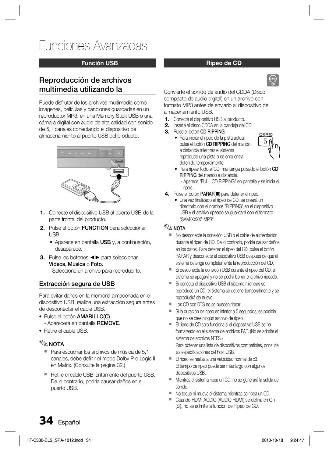 Samsung HT-C330/XEF manual Funciones Avanzadas, Reproducción de archivos multimedia utilizando la, Función USB Ripeo de CD 