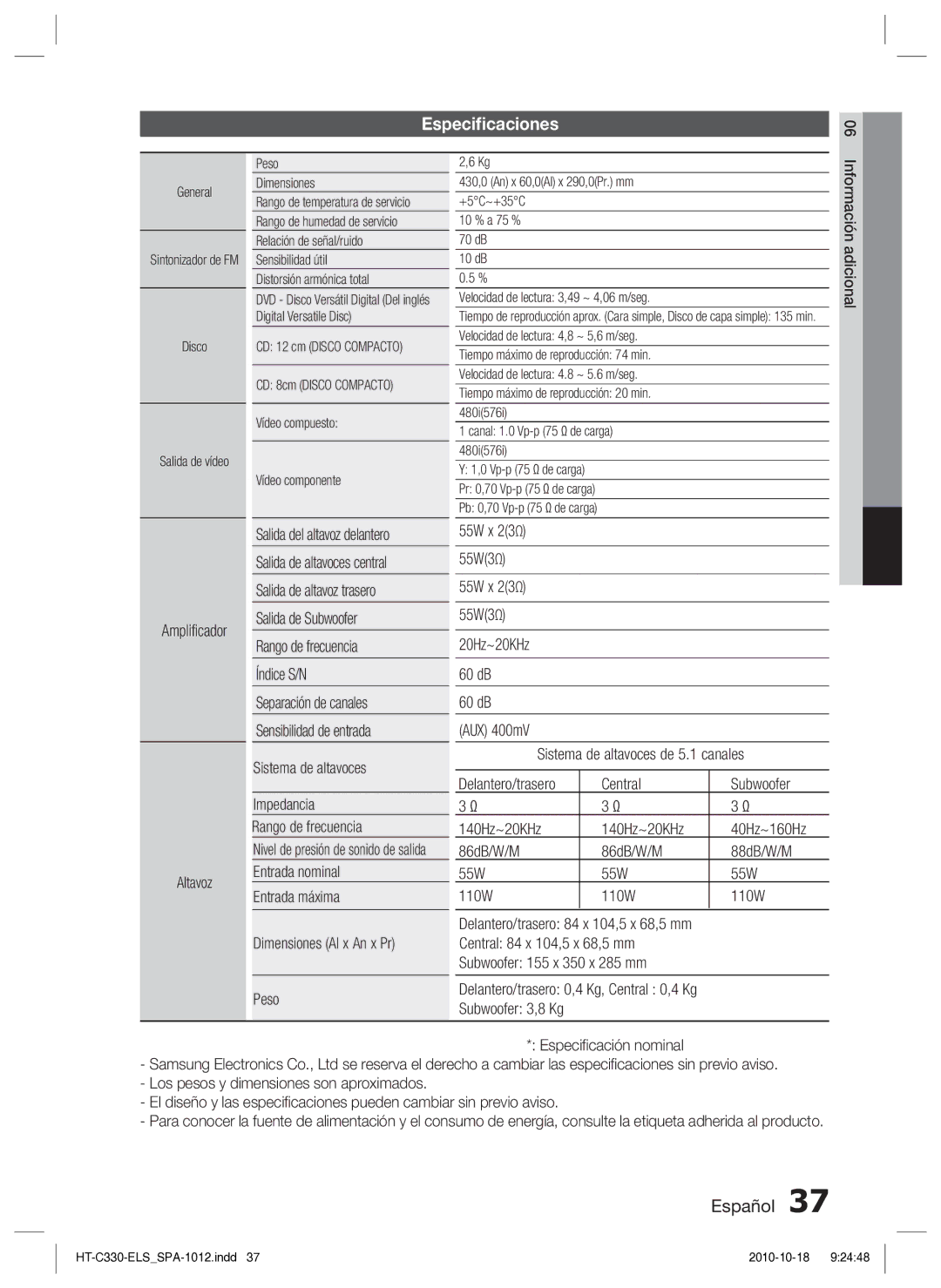 Samsung HT-C330/MEA, HT-C330/XEF manual Especiﬁcaciones, Amplificador Altavoz, 55W x 23Ω 55W3Ω 20Hz~20KHz 60 dB 