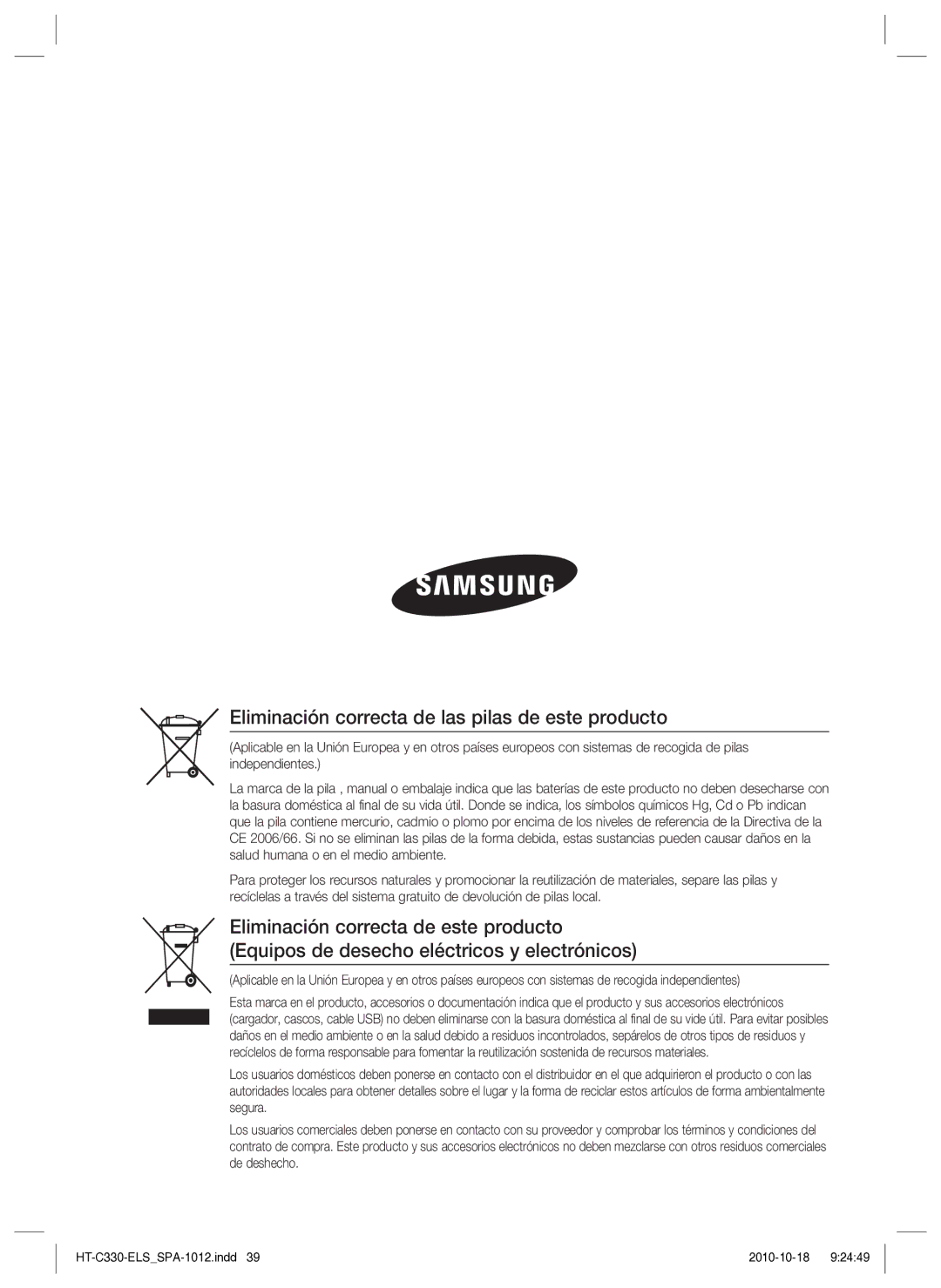 Samsung HT-C330/MEA, HT-C330/XEF manual Eliminación correcta de las pilas de este producto 