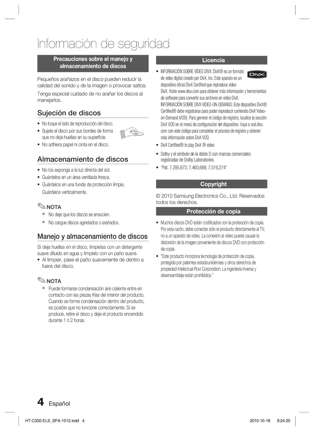 Samsung HT-C330/XEF, HT-C330/MEA manual Sujeción de discos, Almacenamiento de discos, Manejo y almacenamiento de discos 