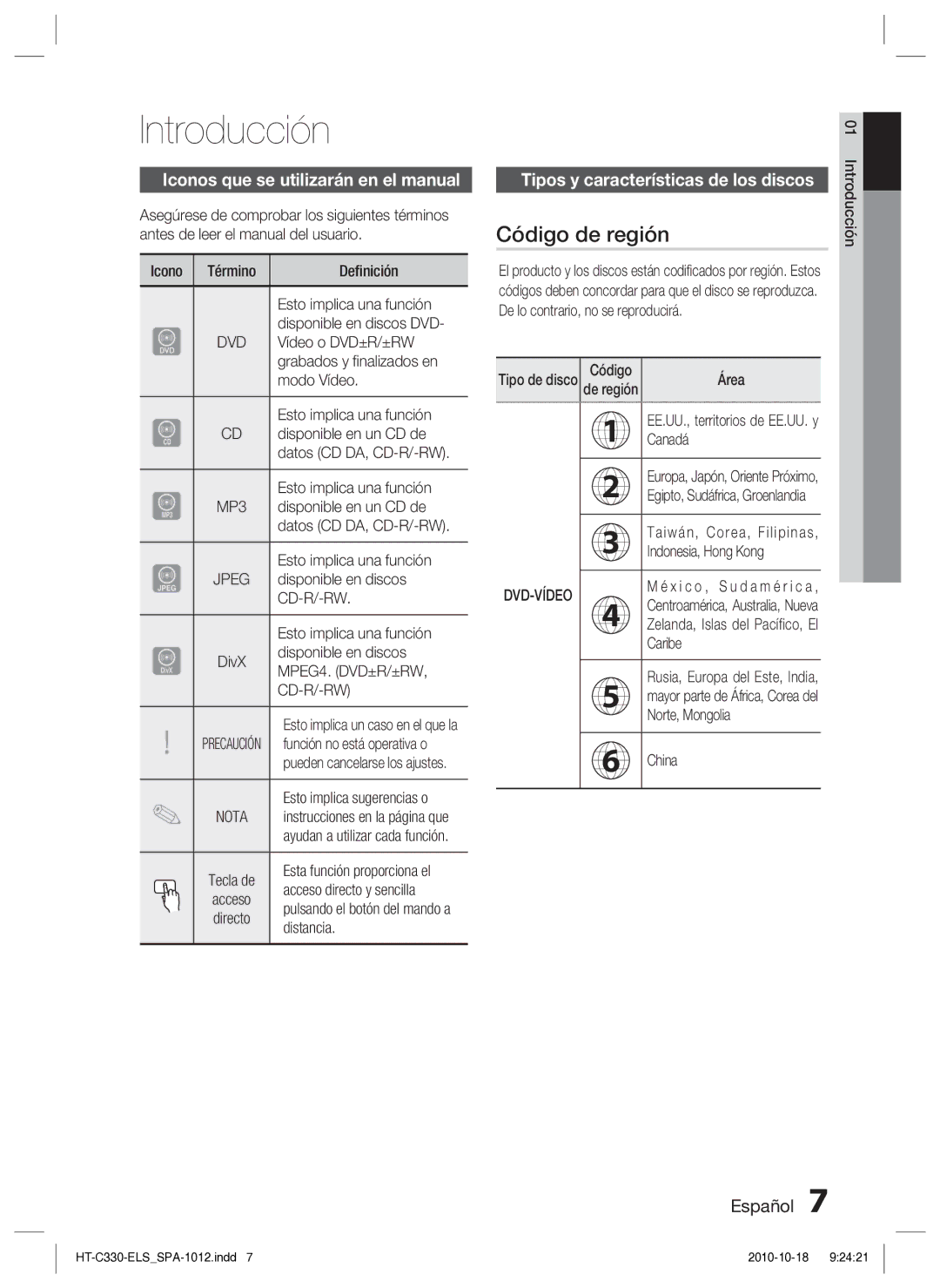 Samsung HT-C330/MEA, HT-C330/XEF Introducción, Código de región, Iconos que se utilizarán en el manual 