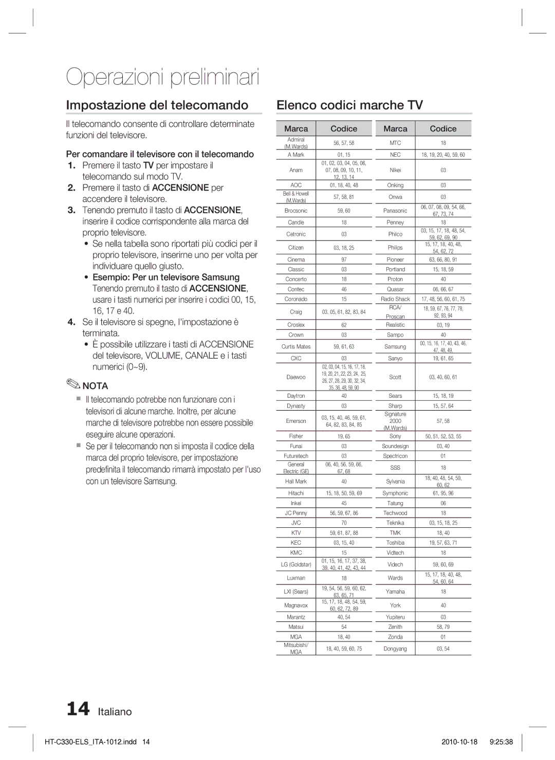 Samsung HT-C330/XEF manual Impostazione del telecomando Elenco codici marche TV 