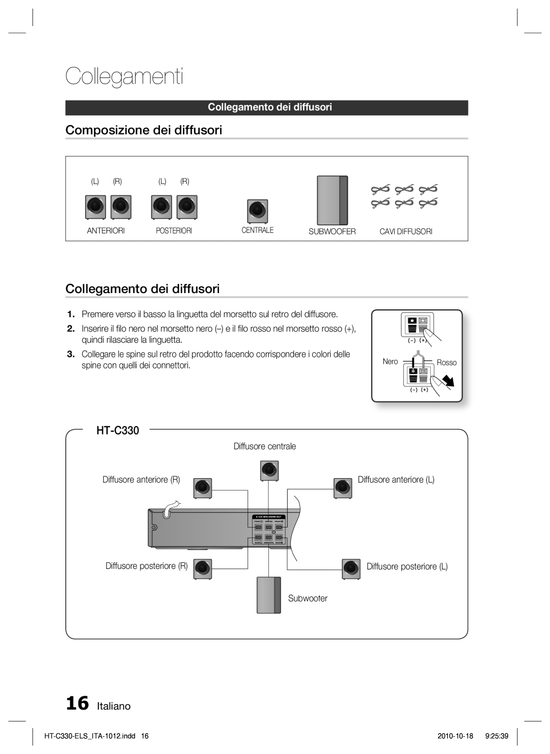 Samsung HT-C330/XEF manual Composizione dei diffusori, Collegamento dei diffusori, Diffusore centrale Diffusore anteriore R 