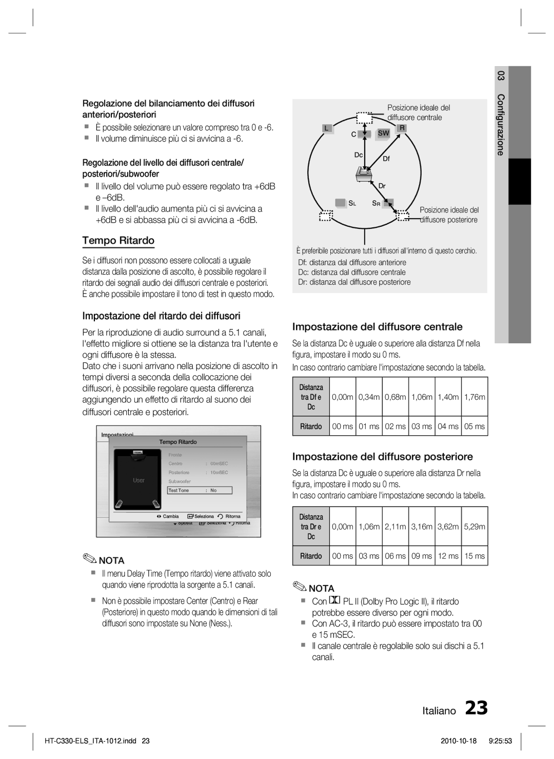 Samsung HT-C330/XEF manual Tempo Ritardo, Impostazione del ritardo dei diffusori, Impostazione del diffusore centrale 