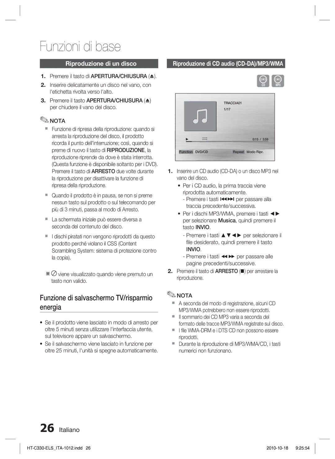 Samsung HT-C330/XEF manual Funzioni di base, Funzione di salvaschermo TV/risparmio energia, Riproduzione di un disco 