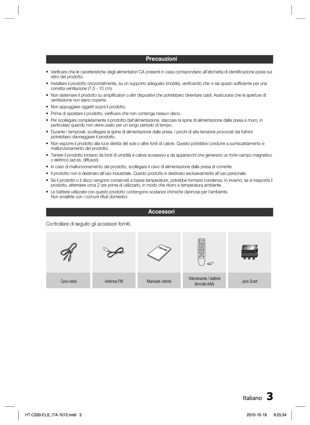 Samsung HT-C330/XEF manual Precauzioni, Accessori, Controllare di seguito gli accessori forniti 