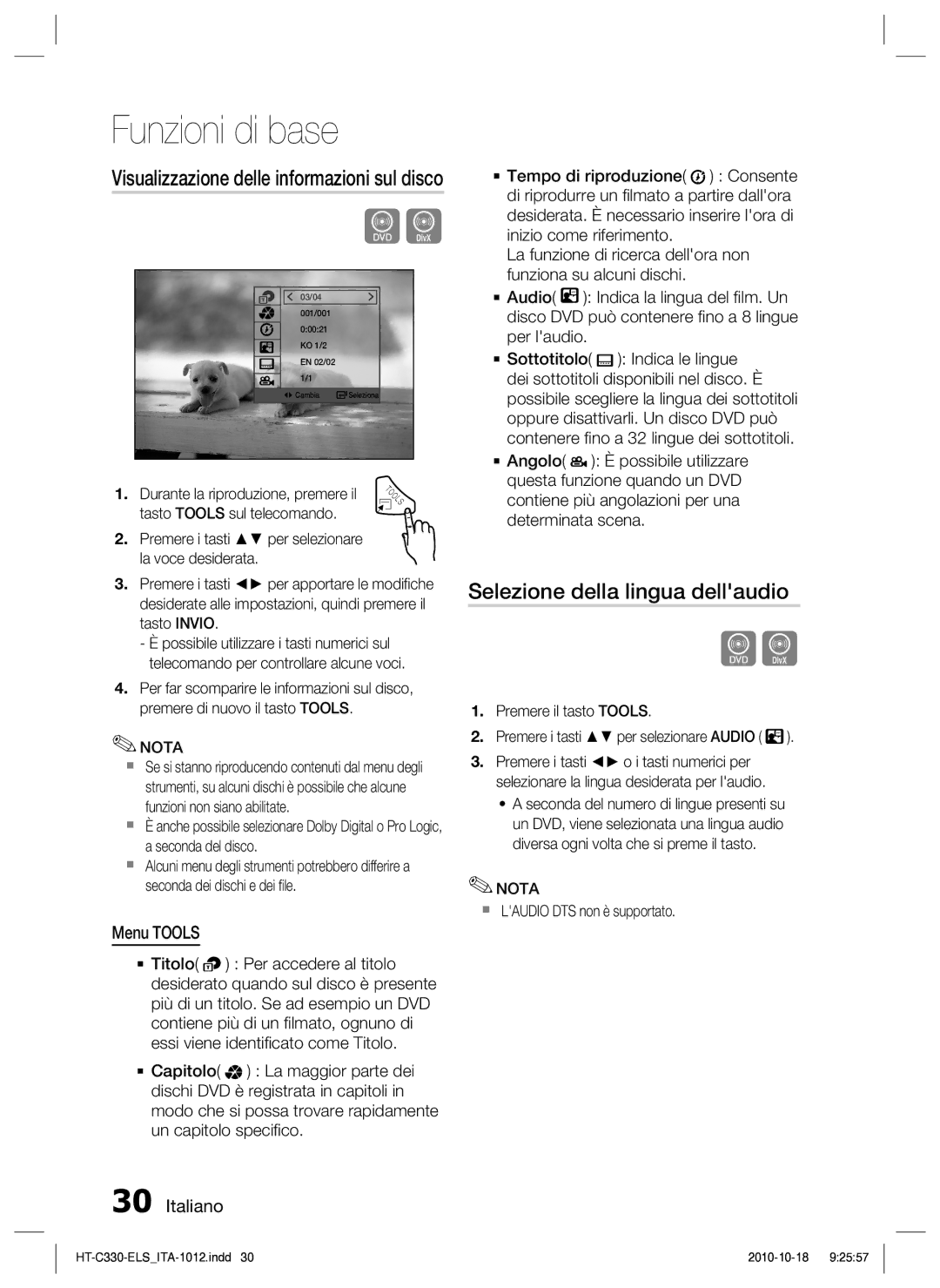 Samsung HT-C330/XEF manual Selezione della lingua dellaudio, Visualizzazione delle informazioni sul disco, Menu Tools 