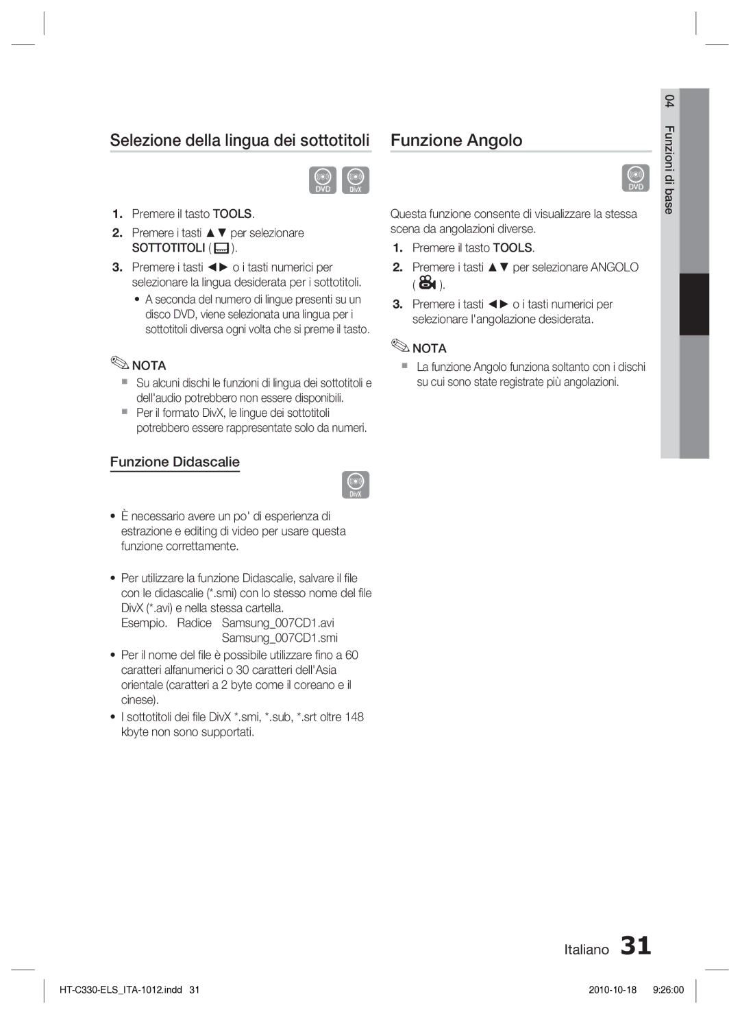 Samsung HT-C330/XEF manual Selezione della lingua dei sottotitoli, Funzione Angolo, Funzione Didascalie, Sottotitoli 