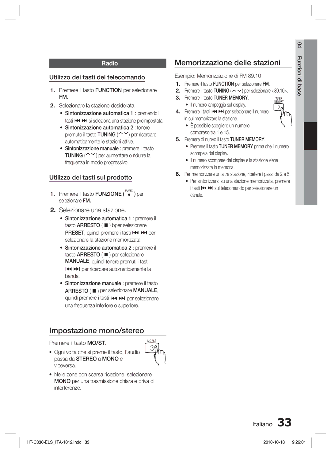 Samsung HT-C330/XEF Memorizzazione delle stazioni, Impostazione mono/stereo, Radio, Utilizzo dei tasti del telecomando 