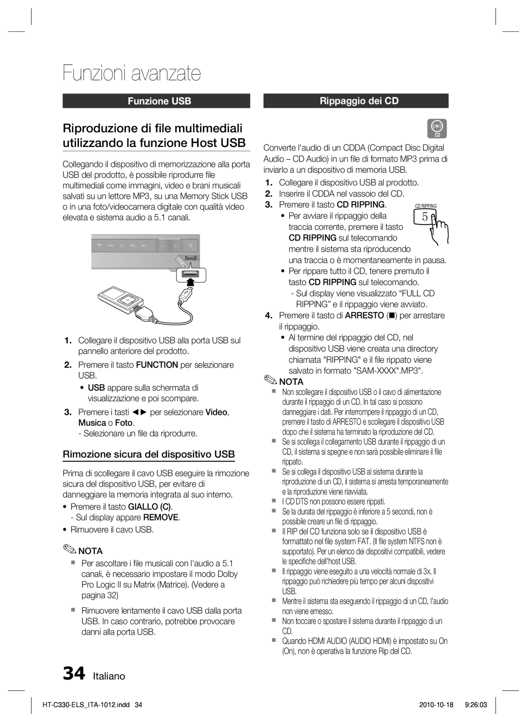 Samsung HT-C330/XEF manual Funzioni avanzate, Funzione USB Rippaggio dei CD, Rimozione sicura del dispositivo USB 