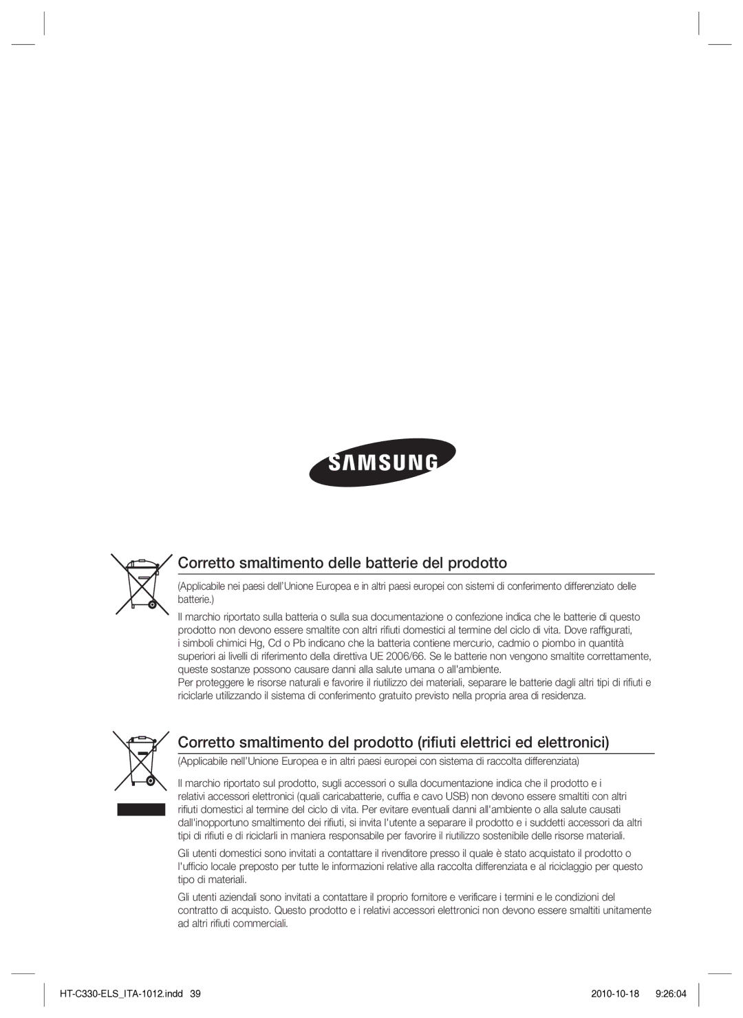 Samsung HT-C330/XEF manual Corretto smaltimento delle batterie del prodotto 