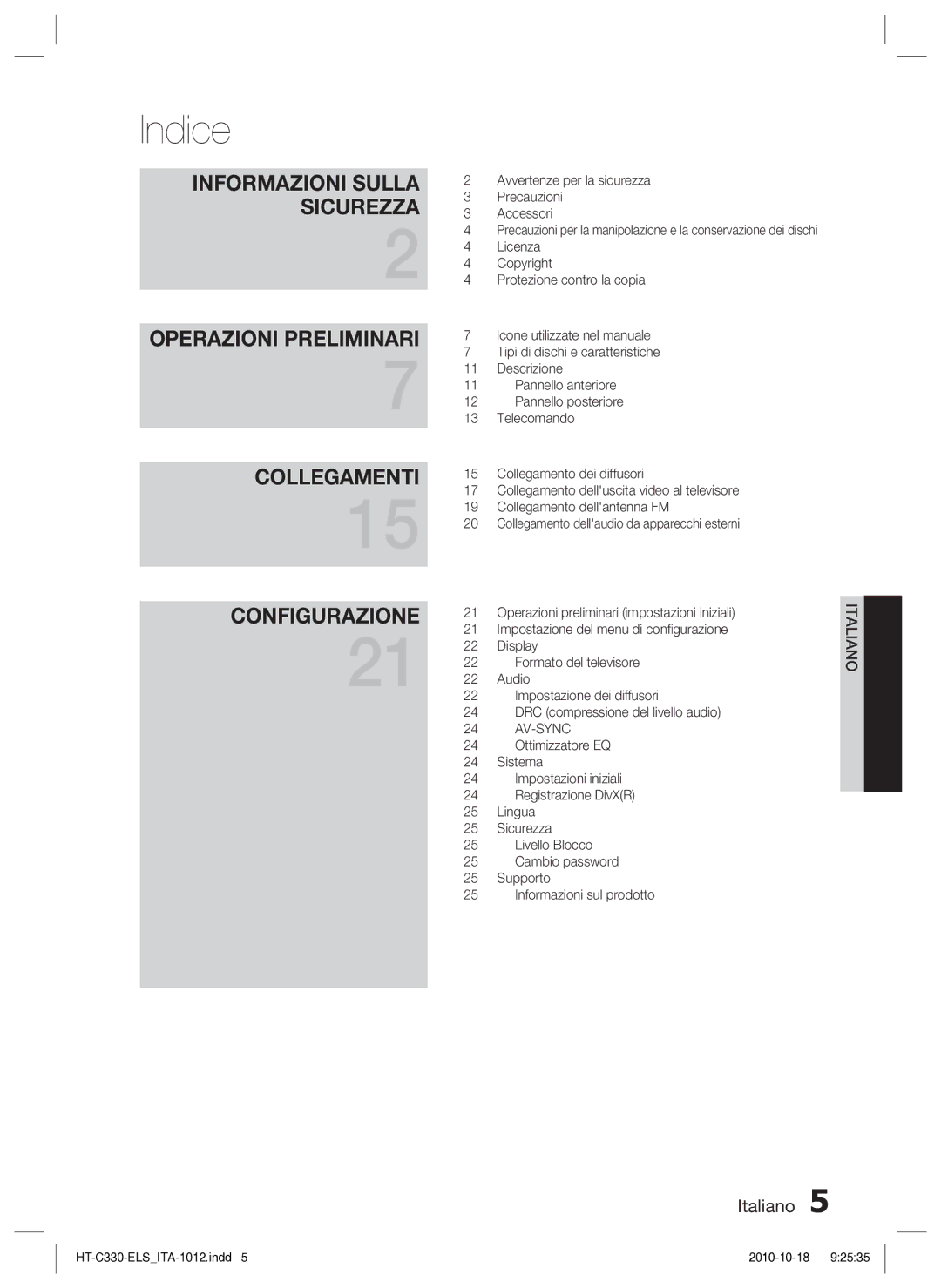 Samsung HT-C330/XEF manual Indice, Informazioni Sulla Sicurezza 