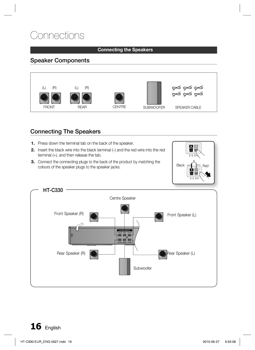 Samsung HT-C330/XEN, HT-C330/XEF, HT-C330/MEA Speaker Components, Connecting The Speakers, Centre Speaker Front Speaker R 