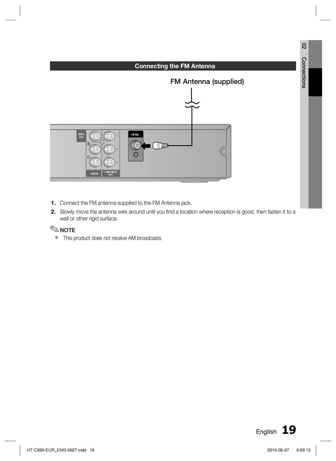 Samsung HT-C330/EDC, HT-C330/XEN, HT-C330/XEF, HT-C330/MEA manual FM Antenna supplied, Connecting the FM Antenna 