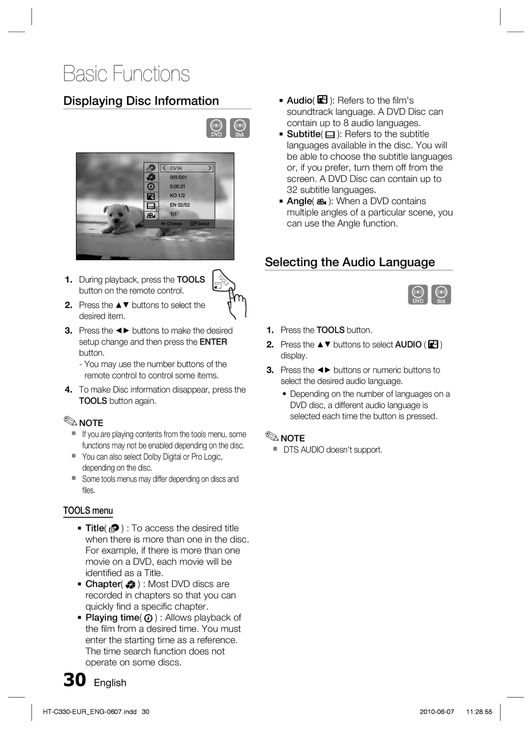 Samsung HT-C330/MEA Displaying Disc Information, Selecting the Audio Language, Tools menu,  DTS Audio doesnt support 