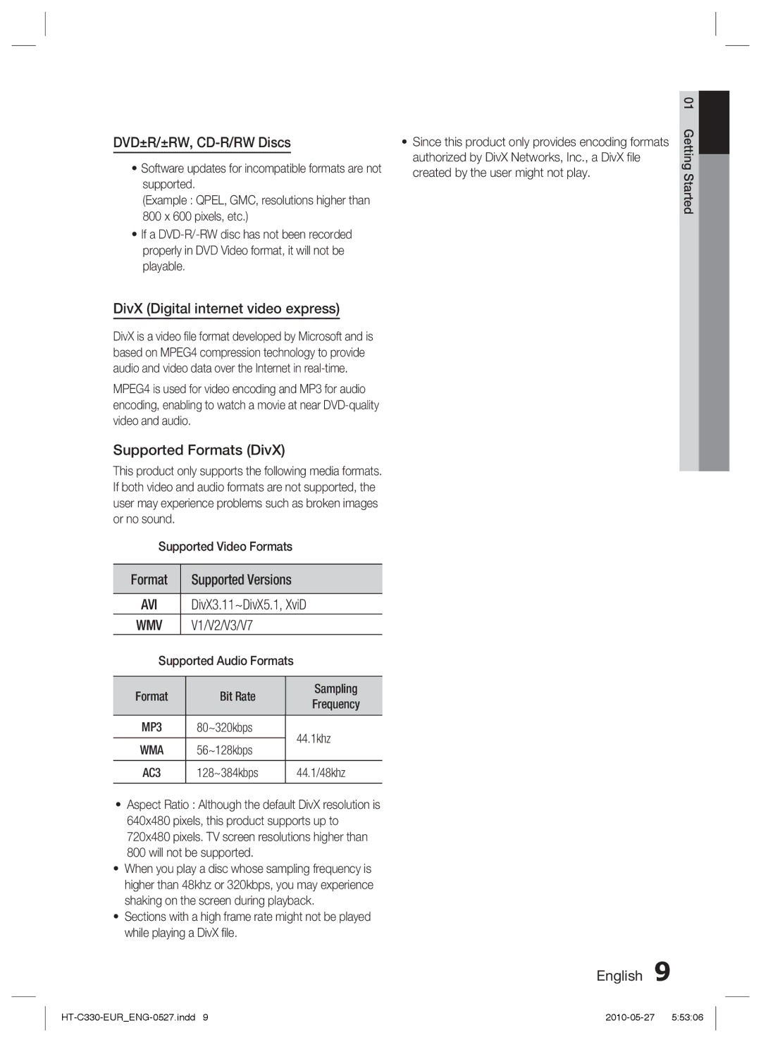 Samsung HT-C330/XEF DVD±R/±RW, CD-R/RW Discs, DivX Digital internet video express, Supported Formats DivX, V1/V2/V3/V7 