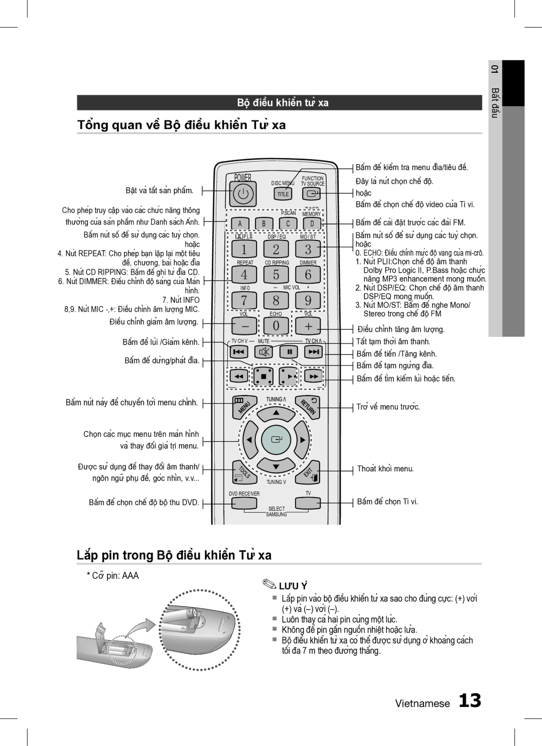 Samsung HT-C330/XSS manual Tổng quan về Bộ điều khiển Từ xa, Lắp pin trong Bộ điều khiển Từ xa 