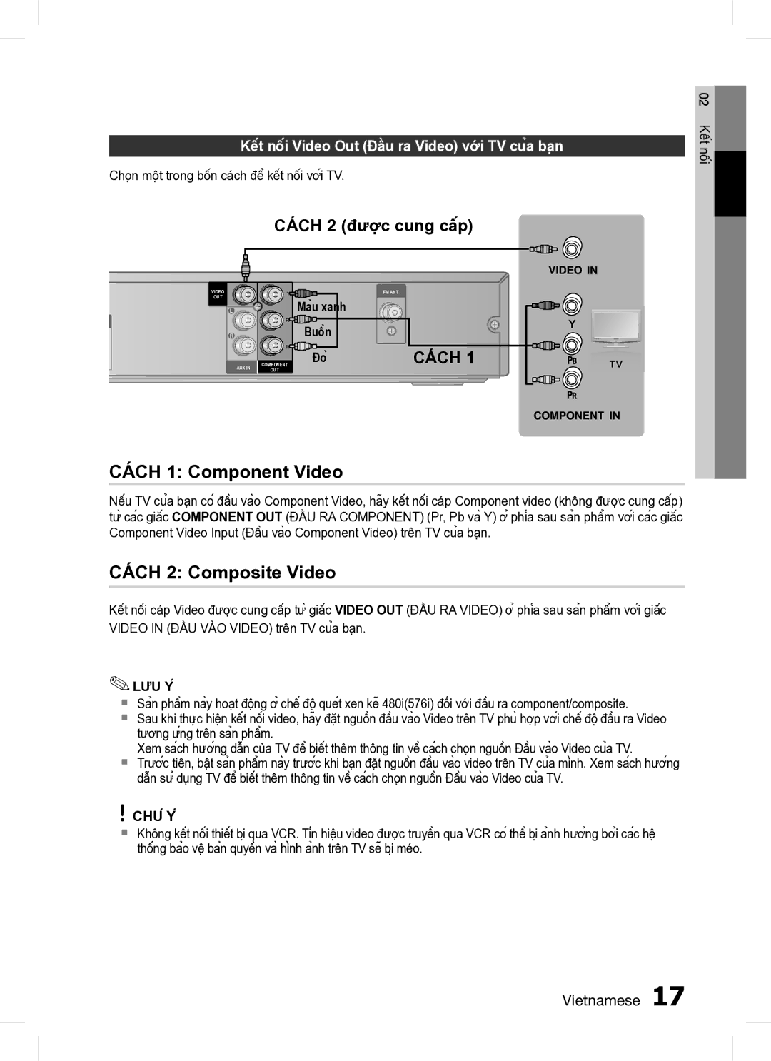 Samsung HT-C330/XSS Cách 1 Component Video, Cách 2 Composite Video, Kết nối Video Out Đầu ra Video với TV của bạn 