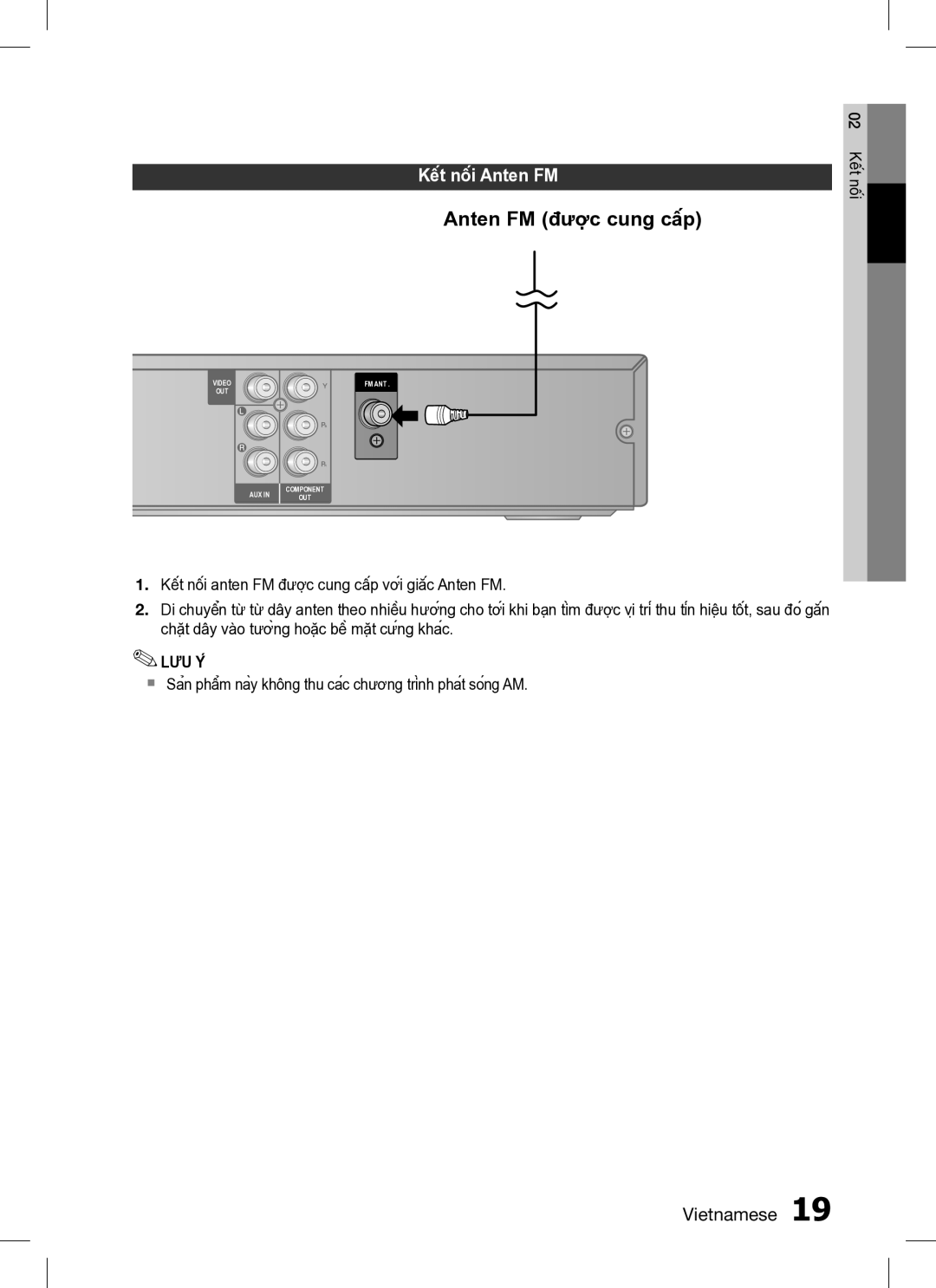 Samsung HT-C330/XSS manual Anten FM được cung cấp, Kết nối Anten FM 