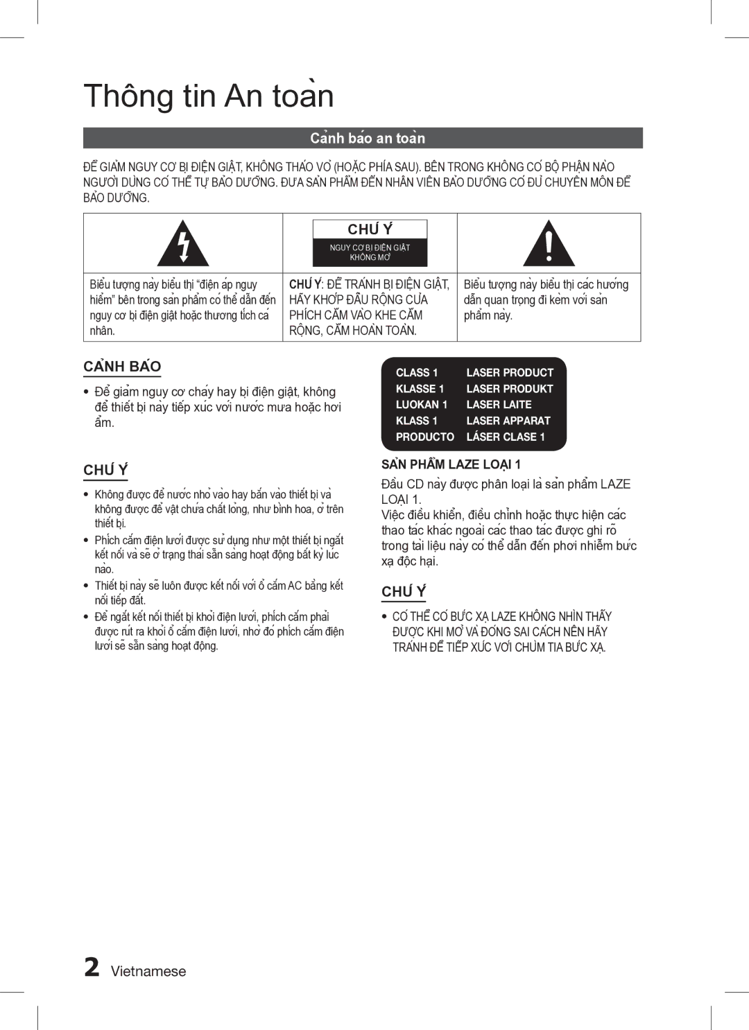 Samsung HT-C330/XSS manual Thông tin An toàn, Cảnh báo an toàn, SẢN PHẨM Laze LOẠI 