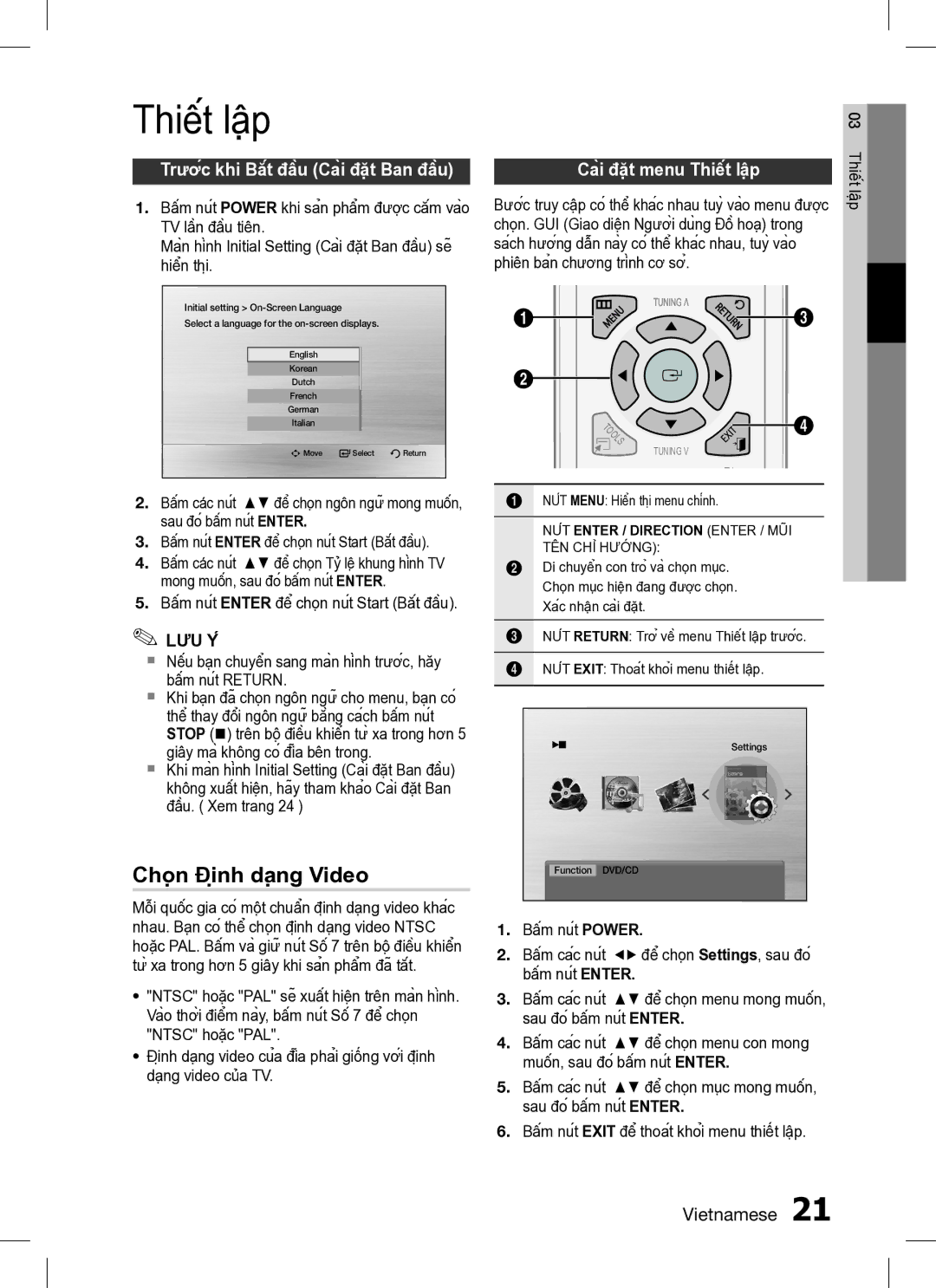 Samsung HT-C330/XSS manual Thiết lập, Chọn Định dạng Video 