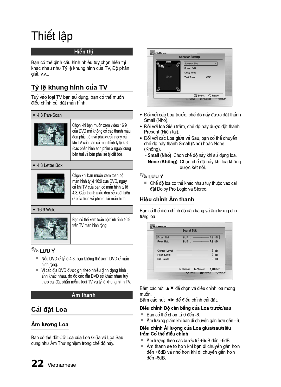 Samsung HT-C330/XSS manual Tỷ lệ khung hình của TV, Cài đặt Loa, Hiển thị, Âm thanh, Âm lượng Loa 