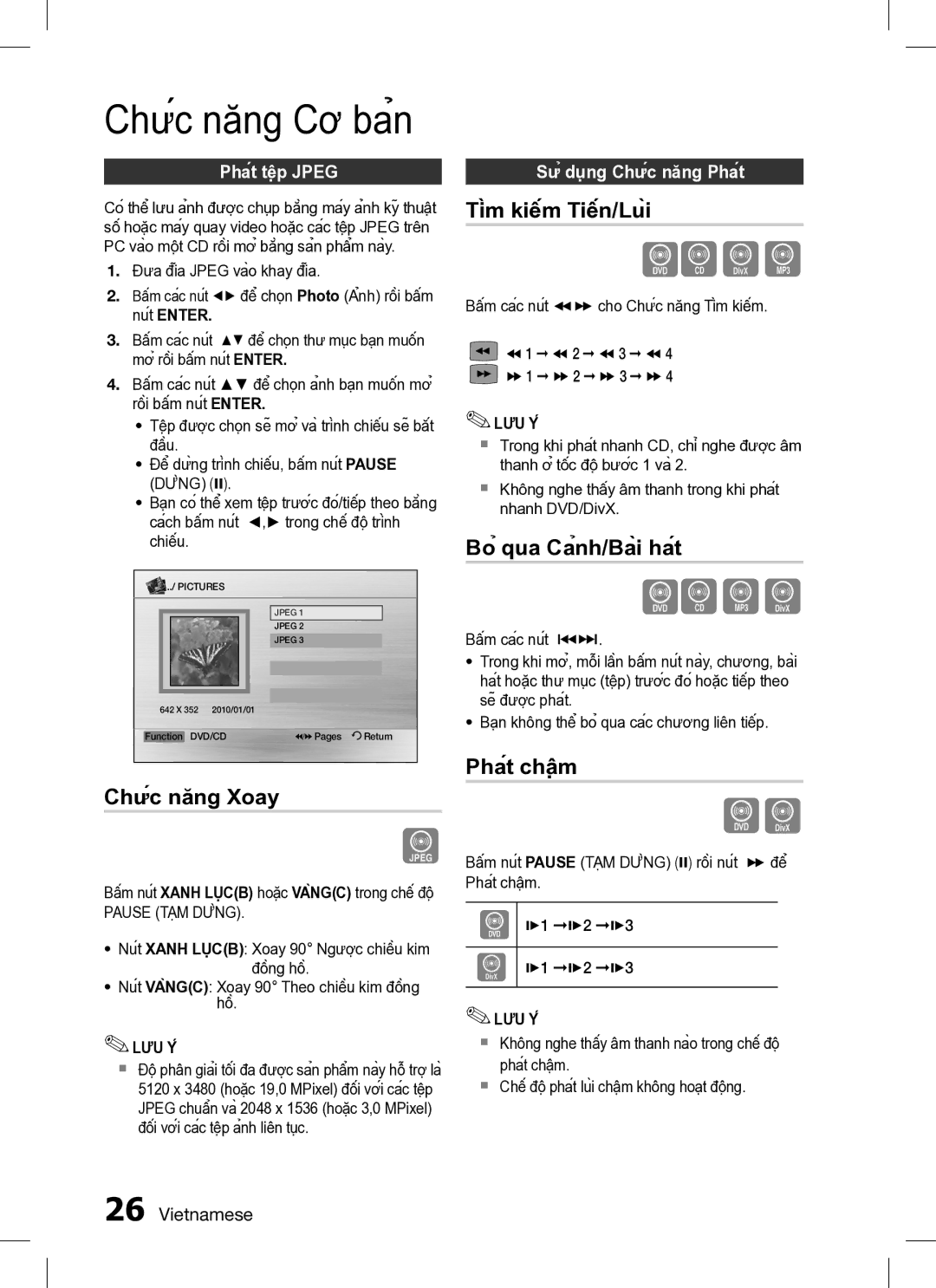 Samsung HT-C330/XSS manual Tìm kiếm Tiến/Lùi, Bỏ qua Cảnh/Bài hát, Chức năng Xoay, Phát chậm 