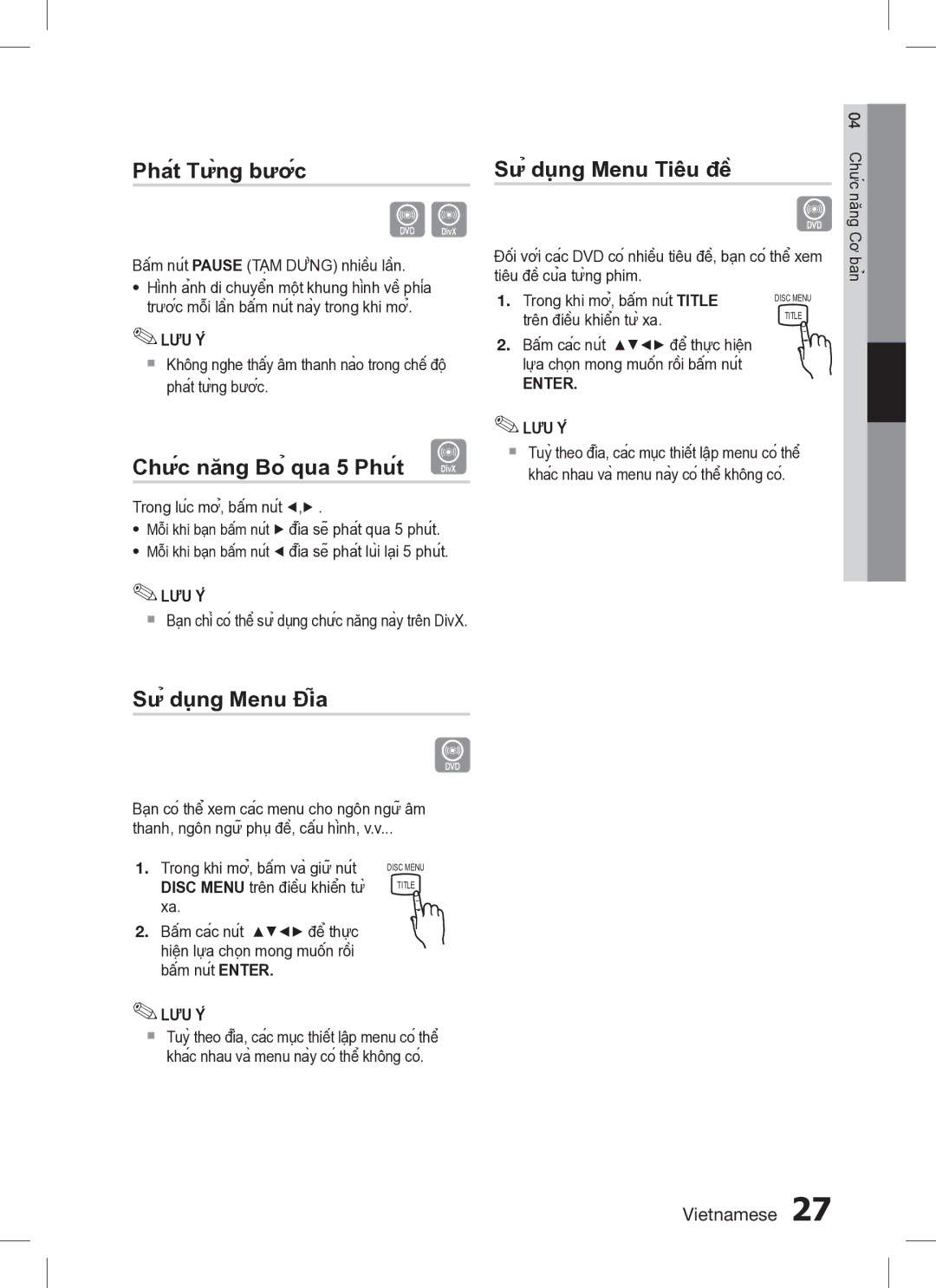 Samsung HT-C330/XSS manual Phát Từng bước Sử dụng Menu Tiêu ̀đê, Chức năng Bỏ qua 5 Phút, Sử dụng Menu Đĩa 