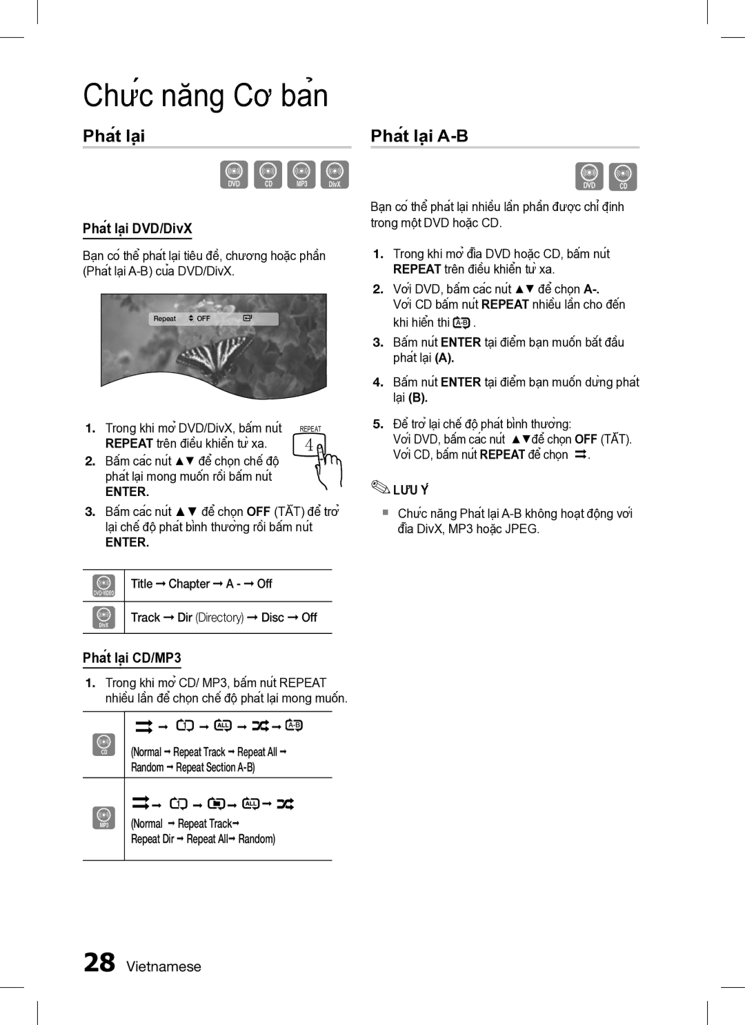 Samsung HT-C330/XSS manual Phát lạiPhát lại A-B, Phát lại DVD/DivX, Phát lại CD/MP3, Enter 