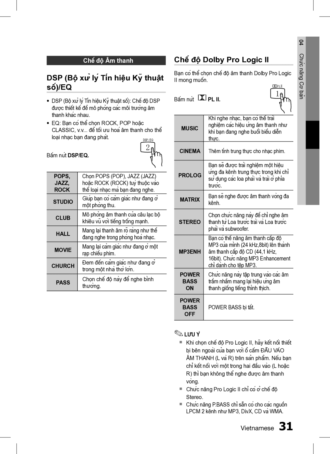 Samsung HT-C330/XSS manual Chế độ Dolby Pro Logic, DSP Bộ xử lý Tín hiệu Kỹ thuậtII mong muốn, Số/EQ 