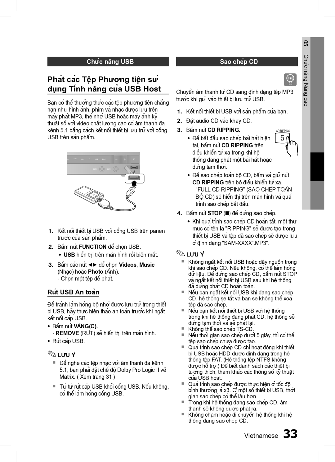 Samsung HT-C330/XSS manual Chức năng USB Sao chép CD, Rút USB An toàn, Lưu Y ́ 