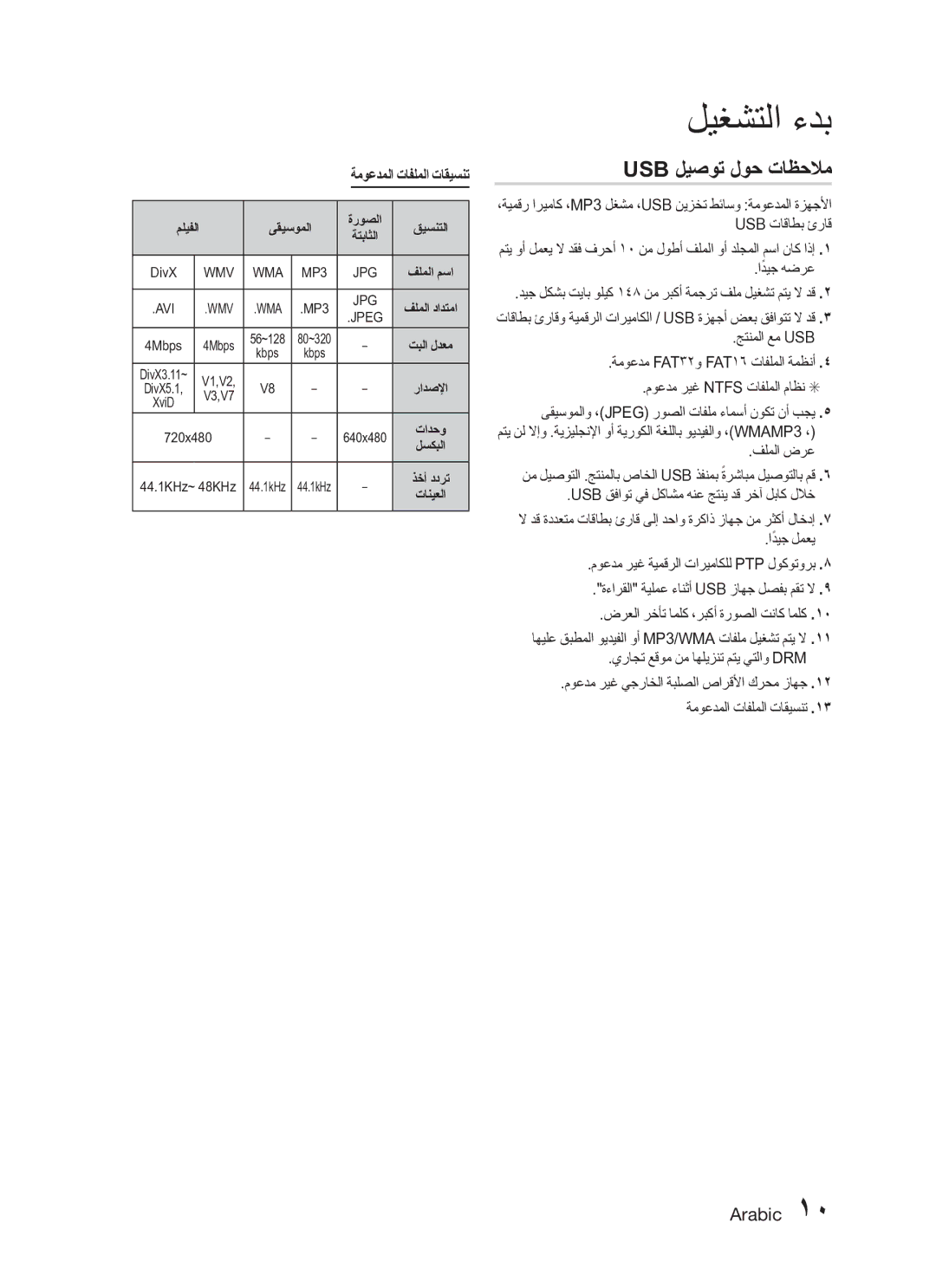 Samsung HT-C345/HAC, HT-C345/MEA manual Usb ليصوت لوح تاظحلام 