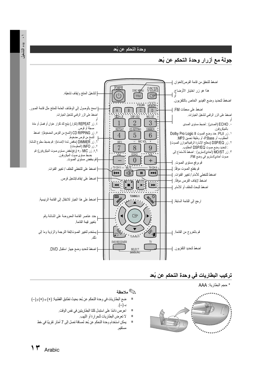 Samsung HT-C345/MEA, HT-C345/HAC manual دعبُ نع مكحتلا ةدحو يف تايراطبلا بيكرت, دعبُ نع مكحتلا ةدحو رارزأ عم ةلوج, ميقتسم 