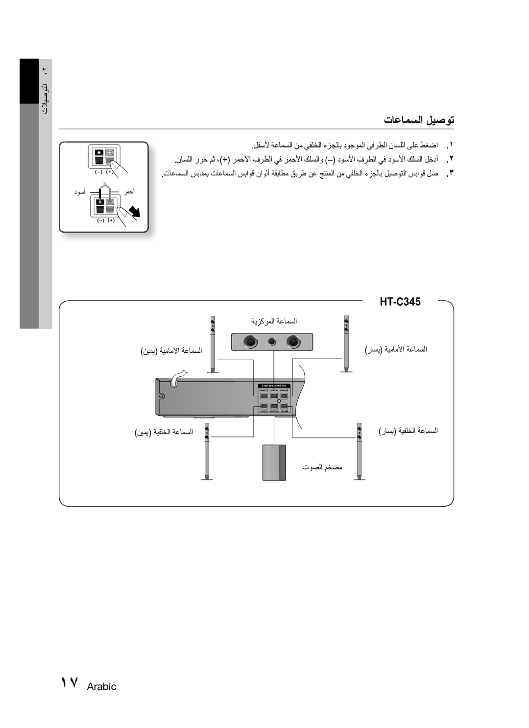 Samsung HT-C345/MEA, HT-C345/HAC manual تاعامسلا ليصوت, ةيزكرملا ةعامسلا نيمي ةيماملأا ةعامسلا, توصلا مخضم, دوسأ رمحأ 