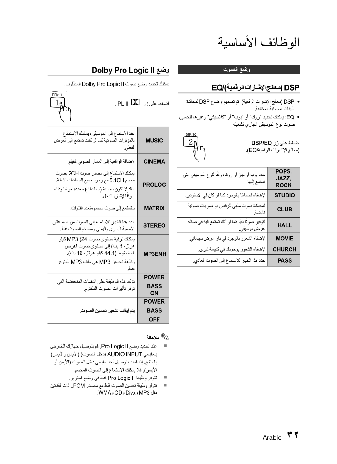 Samsung HT-C345/HAC, HT-C345/MEA manual Dolby Pro Logic II عضو, Eq/ةيمقرلا تاراشلإا جلاعم Dsp, توصلا عضو, ةضبان, يقيسوم ضرع 