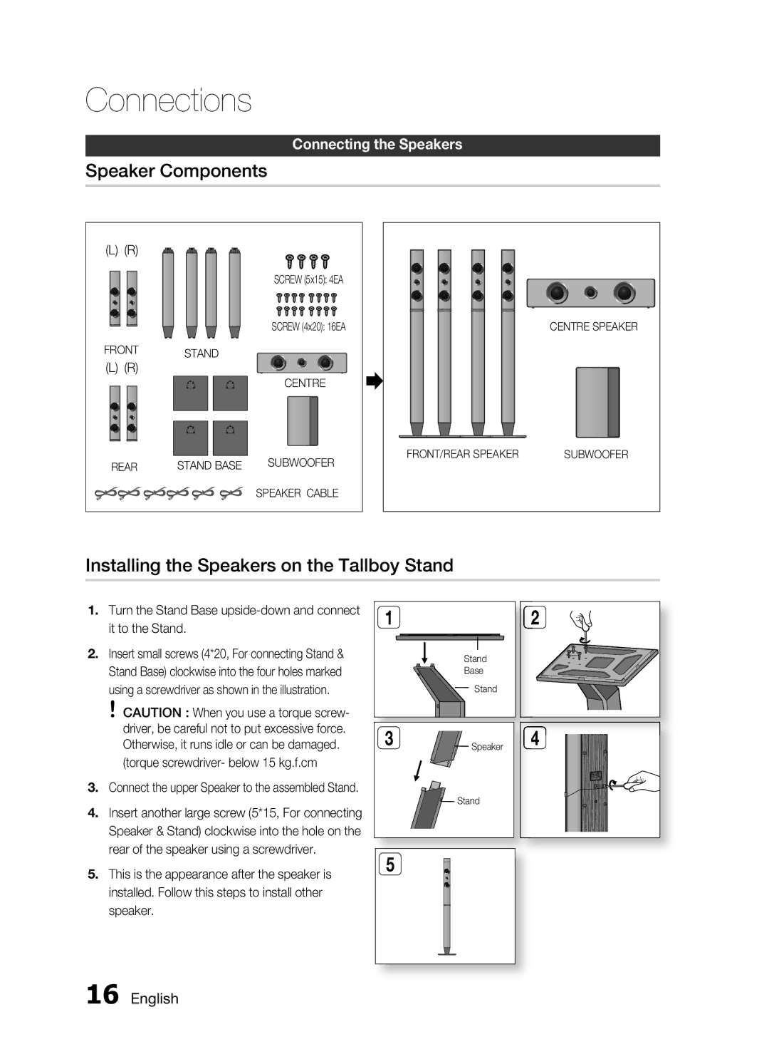 Samsung HT-C345/HAC Speaker Components, Installing the Speakers on the Tallboy Stand, Torque screwdriver- below 15 kg.f.cm 