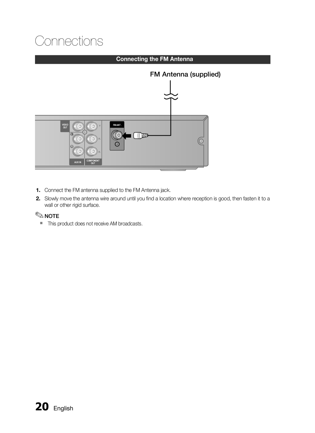 Samsung HT-C345/HAC, HT-C345/MEA manual FM Antenna supplied, Connecting the fm Antenna, 0 English 