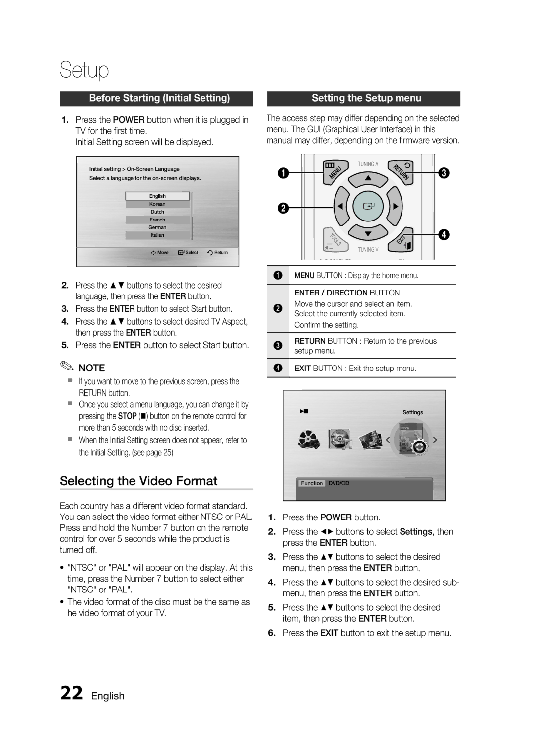 Samsung HT-C345/HAC Selecting the Video Format, Before Starting Initial Setting, Setting the Setup menu,  English 