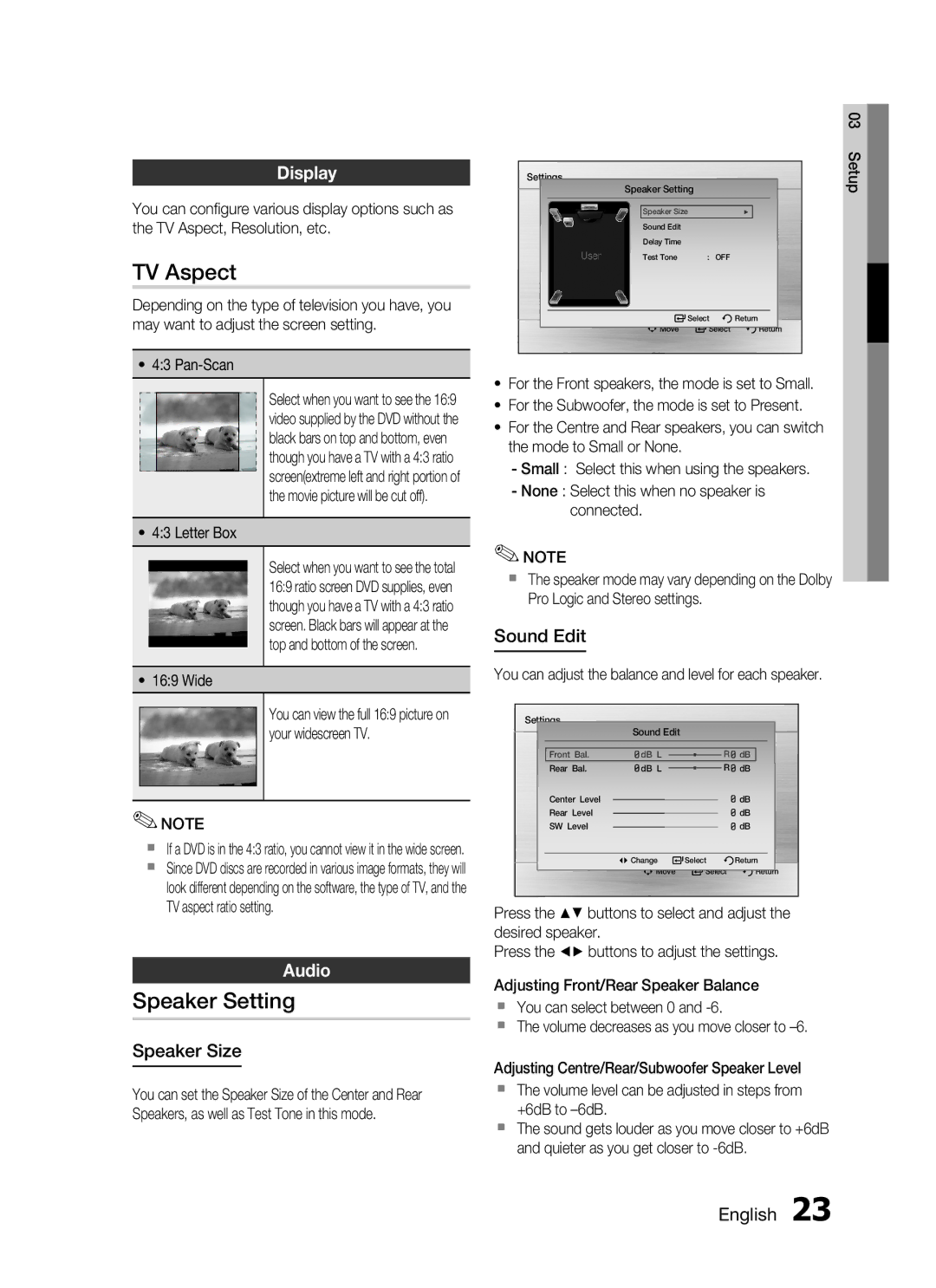 Samsung HT-C345/MEA, HT-C345/HAC manual TV Aspect, Speaker Setting, Display, Audio 